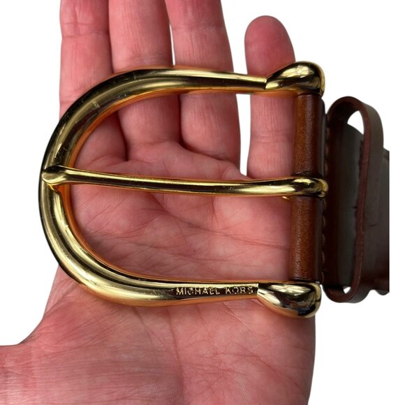 MICHAEL Michael Kors Bonded Leather Woven Belt Size Medium Brown Goldtone Buckle - Picture 4 of 11